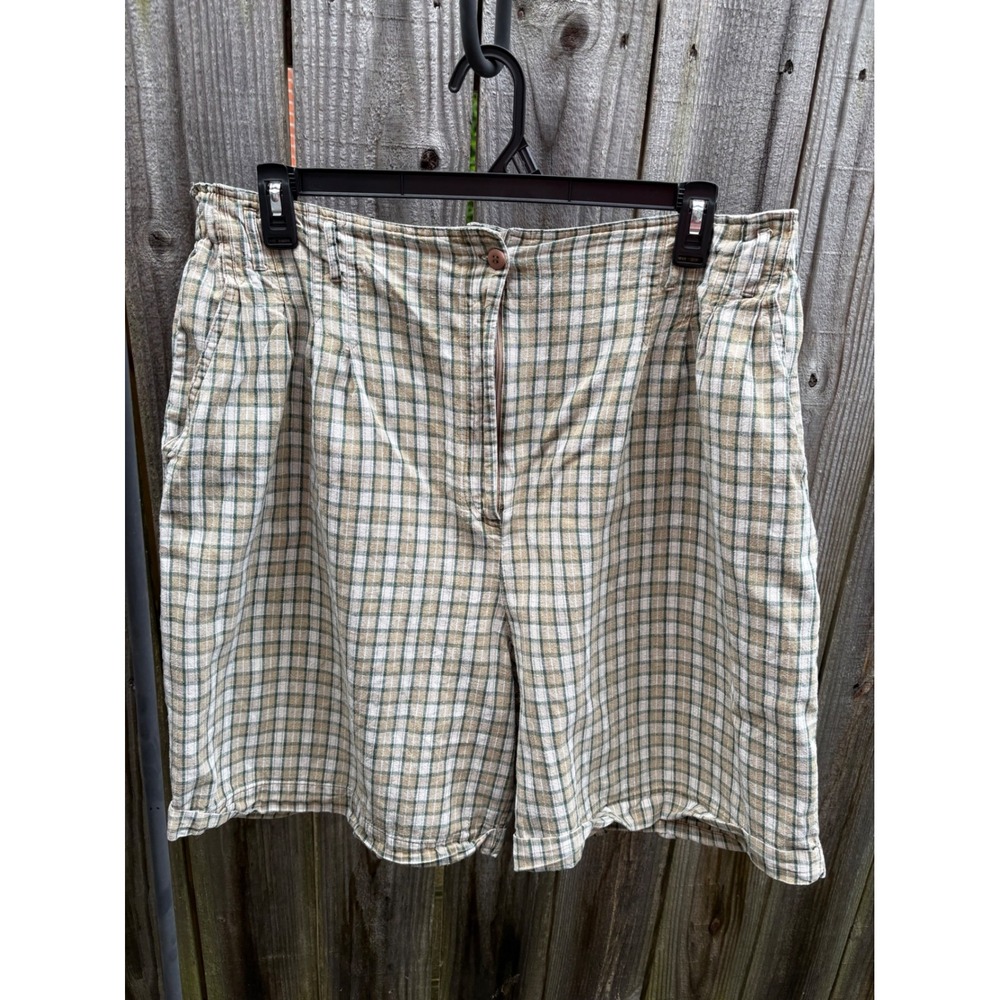 High Advantage Authentic Vintage Plaid Shorts Women 22W Linen Cotton Green Tan